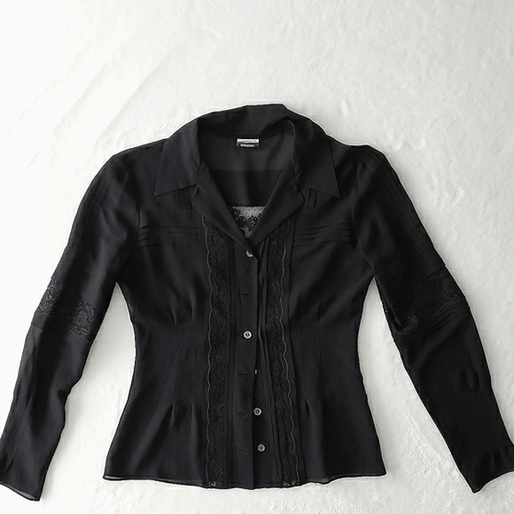 Moschino Couture Tops - MOSCHINO COUTURE #vintage black pintuck silk lace inlay button blouse 8